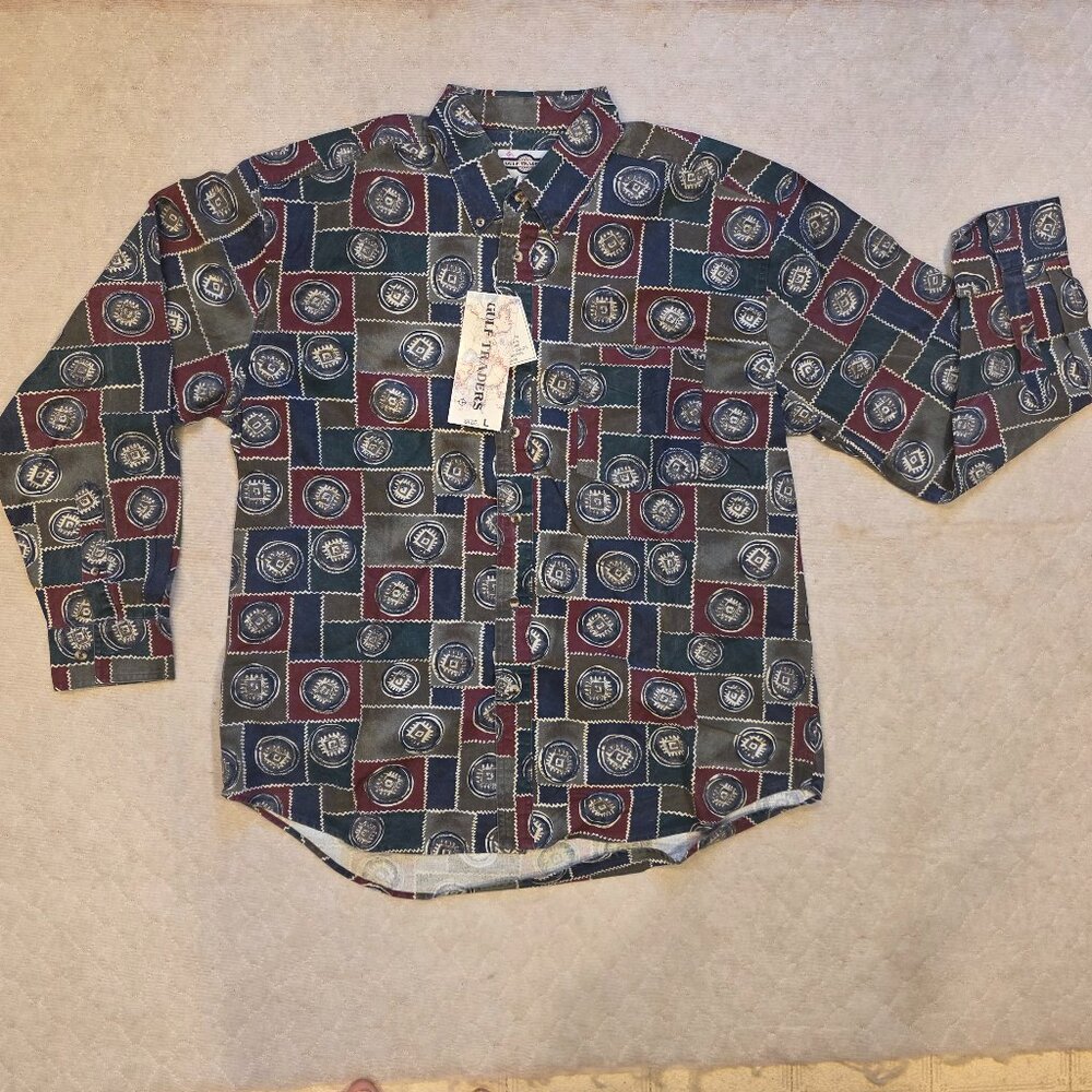 Gulf Traders Men's Large Long Sleeve Button Up Shirt Maroon/Green - Picture 1 of 13